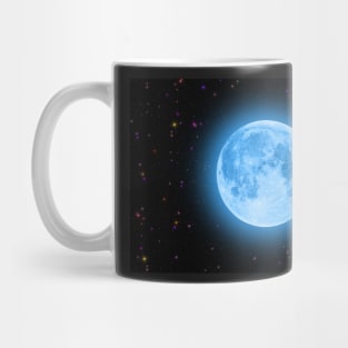 Blue super moon glowing against colorful starry sky Mug